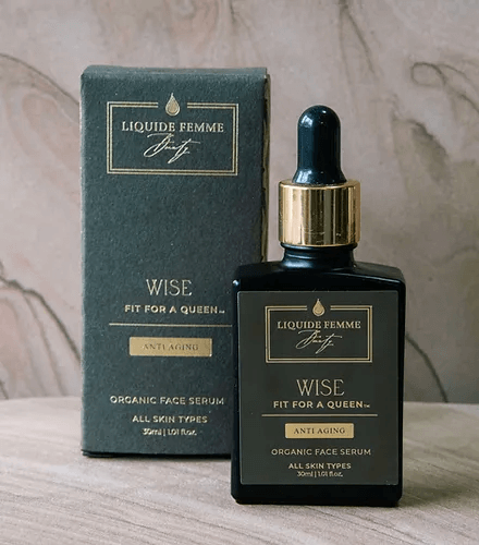 WISE Fit for a Queen organic face serum in luxurious packaging for anti-aging benefits.