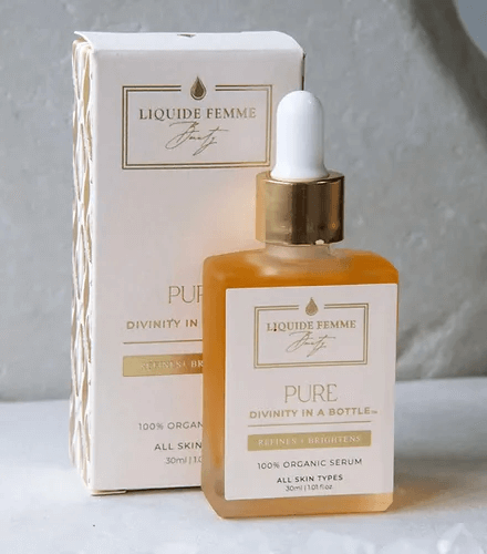 PURE serum by Liquide Femme in a bottle, 100% organic, suitable for all skin types, enhances radiance and rejuvenation.